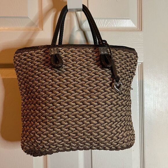 Brighton leather brown and brown woven straw shoulder bag silver tone accent - Picture 1 of 11